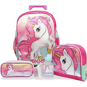 Kit Mochila Com Rodinhas Unicórnio Fantasy Tamanho G - Vou Leve