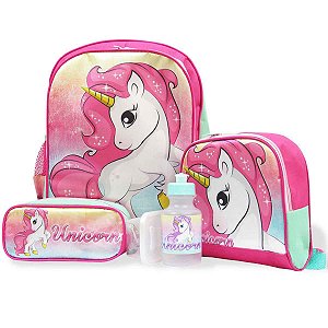 Kit Mochila Escolar Infantil Costas Unicórnio Fantasy Tamanho G