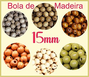Bola de Madeira (Missanga, Miçanga, Entremeio, bola macramê) - 15mm - Pacote com 10 unidades da mesma cor