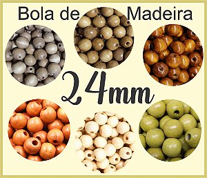 Bola de Madeira (Missanga, Miçanga, Entremeio, bola macramê) - 24mm - Pacote com 10 unidades da mesma cor