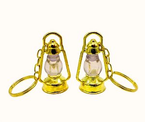 Miniatura - Chaveiro Lamparina Porta Óleo em Metal - Cor:  Dourada -  4,5cm x 3cm x 2,5cm - recipiente para 3ml de líquido/óleo