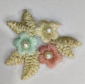 Tule Bordado Flor com Pérola - 5x6cm - Venda de 2 unidades