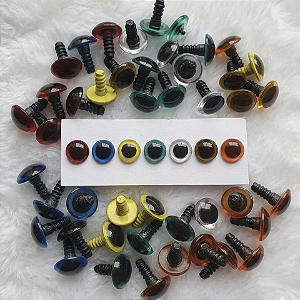 Olho Color - Colorido - tamanhos 09mm a 18mm - cores: Fumê, Verde, Azul, Vermelho, Âmbar, Cristal, Amarelo - Tamanho 20mm cor alaranjado - Pacote com 5 pares e Travas.