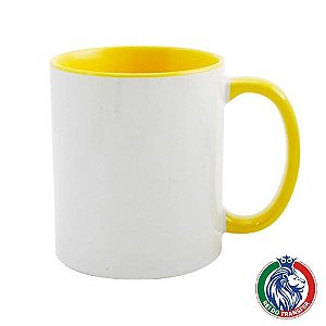 Caneca Branca de Cerâmica 325ml Interna e Alça Amarela