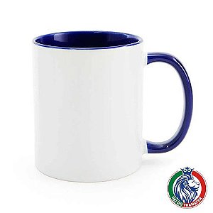 Caneca Branca de Cerâmica 325ml Interna e Alça Azul Escuro