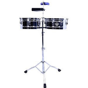 Timbales D-One 13" e 14" Aço Inox c/ Cowbell, Block e Suporte