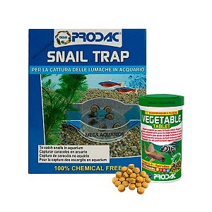 Kit armadilha caracóis Prodac Snail Trap + ração Vegetable 60g aquário