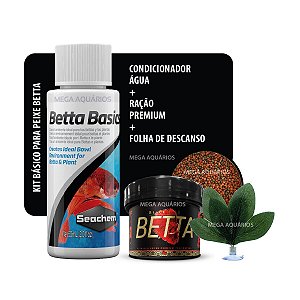 Kit Betta ração Poytara 14g + Seachem Betta Basics + folha descanso