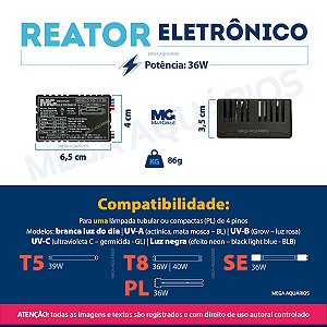Reator lâmpada UV 36W Margirius ultravioleta UV fluorescente