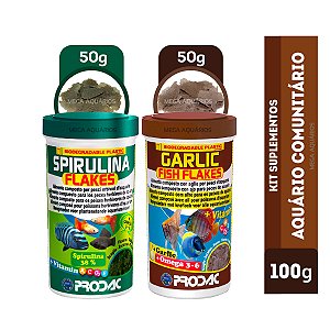 kit Ração suplemento peixe Prodac Garlic + Spirulina flocos 100g