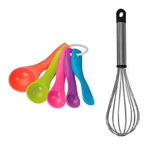 Kit 5 Colher De Medida + Batedor Fouet De Alumínio Cozinha