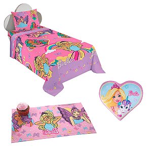 Kit Barbie Jogo de Cama, Almofada e Toalha 3 Peças Infantil