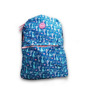 Mochila Escolar Costas Juvenil Estampada Gatinho Clio Azul