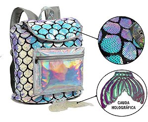 Mochila Escolar Com Calda de Sereia Com Escamas em Paetê