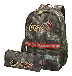 Kit Escolar  Mochila Camuflada Coca Cola e Estojo Camuflado