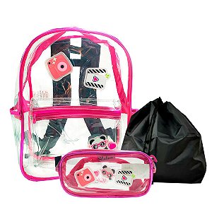 Kit Luluca Mochila + Estojo Rosa Pink Transparente - Clio