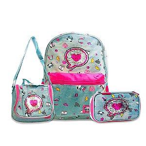 Kit Mochila Luluca + Lancheira e Estojo azul Claro jeans