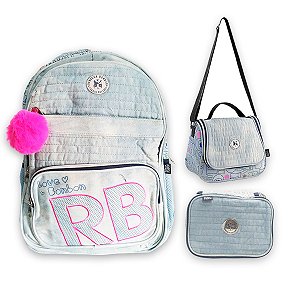 Kit Escolar Mochila + Lancheira + Estojo RB Jeans Azul Claro