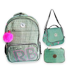 Kit Escolar Mochila + Lancheira + Estojo RB Jeans Verde