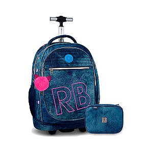 Kit Escolar Mochila Rodinhas e Estojo RB jeans azul escuro