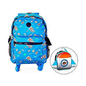 Kit Mochila De Rodinhas + Lancheira Ursinho Astronauta Azul