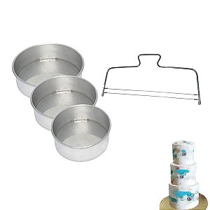 Kit Forma De Bolo Redonda P M G + Nivelador Fatiador Duplo