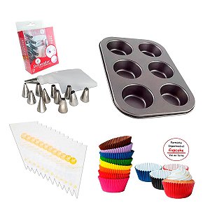 Kit Confeitaria  Cupcakes Forma + Forminhas + Bicos + Saco M