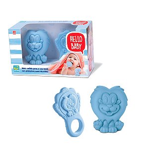 Boneco Leãozinho e Mordedor Infantil Hello Baby Azul