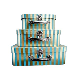 Kit Trio de Maletas de Papel Listrado Dourado e Azul Claro