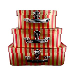 Kit Trio de Maletas de Papel Listrado Dourado e Vermelho