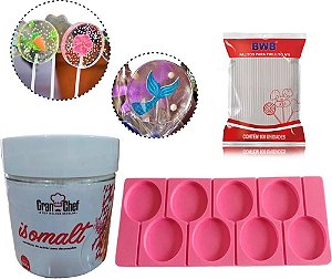 Kit Isomalt 500g com Forma Pirulito rosa + 1 palito 9cm