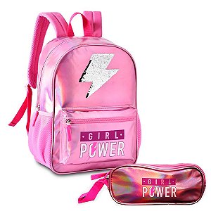 Kit Mochila e Estojo Menina Girl Power Rosa Brilho c/ Paete