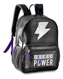 Mochila Girl Power Preta com Paetê Juvenil - Clio