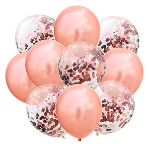 Kit Balão Green Mix c/ Confete Rose Gold Decorações 10un