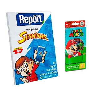 Kit Colorir Folha A4 e Lápis de cor 12Un Super Mario