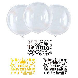 Balão Bubble 36cm 5Un + 5Un Adesivos Decorativos Frases