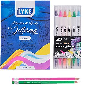 Kit Apostila Lettering Caneta Brush Neon e 2 Lápis