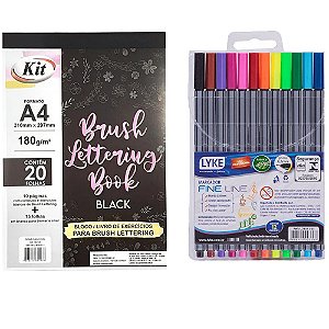 Kit Lettering Apostila Black e 12 canetas fineliner