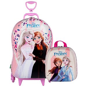 Mochila 3D Elsa e Anna + Lancheira Frozen Rosa