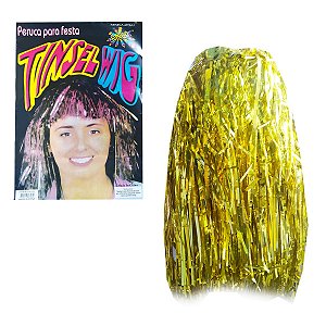 Peruca para Festa Metalizada Amarela Tinsel Wig