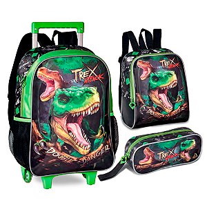 Kit Mochila de Rodinhas, Lancheira e Estojo T-Rex Attack