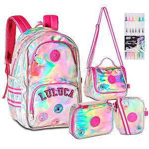 Mochila, Lancheira, Estojo Box Shouder Bag e Canetas Luluca