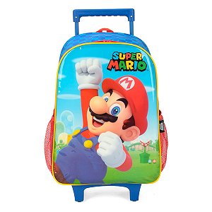 Mochila Escolar Rodinha Super Mario Bros Azul Infantil