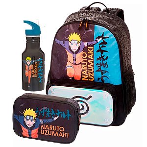 Mochila de Costas + Estojo Box + Garrafa Naruto Ninja Run