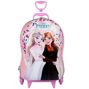 Mochila Frozen Elsa e Anna 3D de Rodinhas Infantil Rosa
