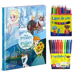 Kit Livro de Leitura Frozen Disney Lapis de cor e Canetinha