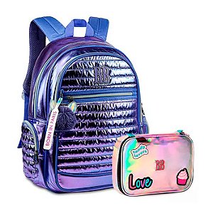 Kit Mochila de Costas RB Roxa + Estojo Box Holografico