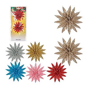Enfeite Flor Glitter 2Un Decoração Natal 9cm - Cores