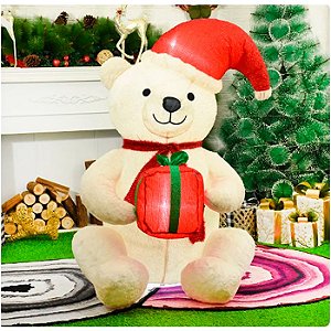 Urso Branco Com Presente Inflavel Decoração Natal 120cm