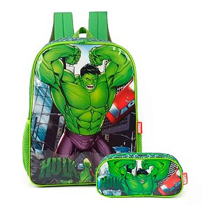 Kit Mochila de Costas + Estojo Hulk Marvel Verde Claro